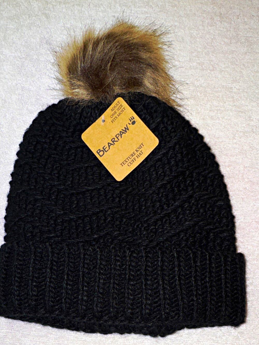 Bearpaw Textured Cable Knit Cuff Beanie Hat Black with Pom-Pom One Size